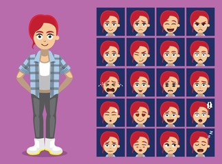 Hipster Ginger Girl Cartoon Character Emotion faces Vector Illustration