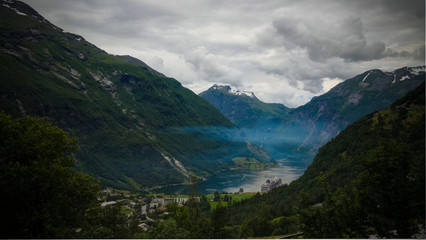 Fototapeta na wymiar Aerial panorama view to Geiranger fjord,Trollstigen, Norway