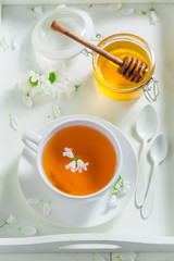 Healthy tea with honey with spring flowers on white background