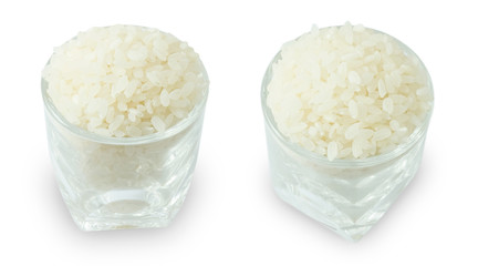 Cup of Raw Japanese Rice on White