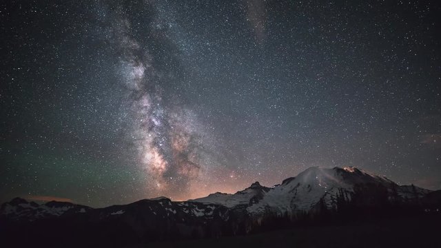 Milky Way time lapse at Mt Rainier. Mountain climbers summiting at night.