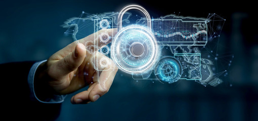 Man holding a padlock security technology interface 3d rendering