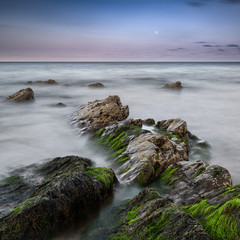 Green algae covered rocks at Rocky Bay beach in Ireland
