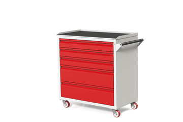 Metal tool cabinet on wheels with drawers. A convenient place for storing tools and spare parts. Metal furniture.