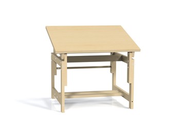 Children's small wooden table on a white background. Isolate. Render 3d mode kid desk.