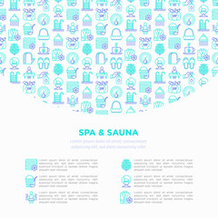 Fototapeta na wymiar Spa & sauna concept with thin line icons: massage oil, towels, steam room, shower, soap, pail and ladle, hygrometer, swimming pool, herbal tea, birch. Modern vector illustration, print media template.