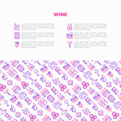 Wine concept with thin line icons: corkscrew, wine glass, cork, grapes, barrel, list, decanter, cheese, vineyard, bucket, shop, delivery. Modern vector illustration, web page template.