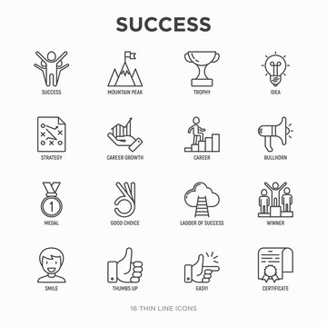 Success thin line icons set: trophy, idea, mountain peak, career, bullhorn, strategy, ladder, winner, medal, award, good choice, easy, certificate. Modern vector illustration.