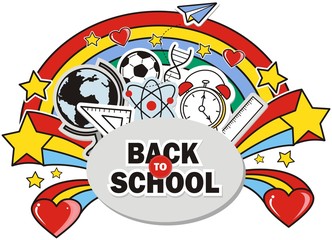 Back to school text drawing by colorful chalk in blackboard with school items and elements
