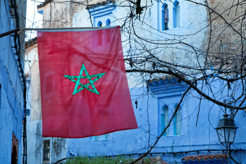 Morocco's flag in Chefchaouen blue town
