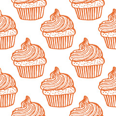 Seamless Pattern with Cupcakes in Hand-Drawn Doodle Style