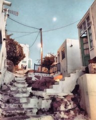 Hand drawing watercolor art on canvas. Artistic big print. Original modern painting. Acrylic dry brush background. Mykonos. Greece. Charming view. Beautiful landscape.