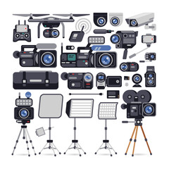 Videographer Equipment Icons in Flat Style