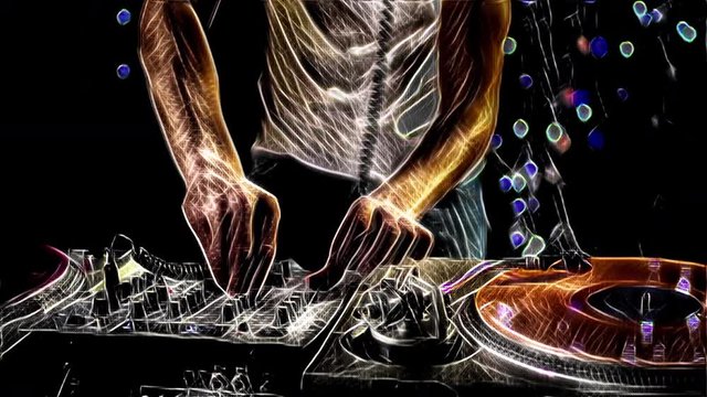 studio shoot of a cool male dj behind the turntables with abstract paint style overlay