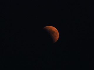 Blood Moon during the longest total Lunar Eclipse of XXI century on black sky seen from Poland in...