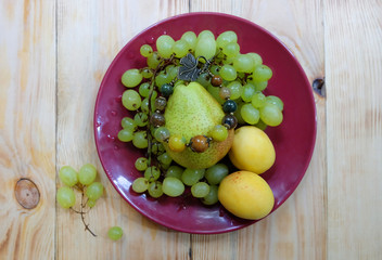 Bracelet handmade from natural stones and fruit on a plate. Composition with jewelry, grapes, pears, apricots.