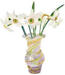 Watercolor hand painted floral bouquet in vase. Narcissus poeticus. Poet's daffodil. Can be used as background for greeting cards, invitations, postcards, textile design, patterns, prints.