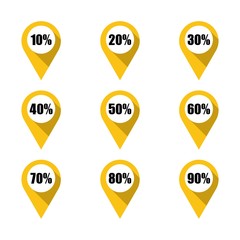 Set of yellow map pins with different percentage. Isolated