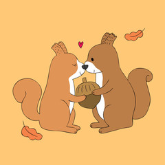Cartoon cute squirrels lover and acorn vector.