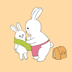 Cartoon cute mom and baby rabbits wearing go to school vector.
