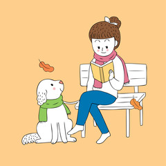Cartoon cute Autumn woman reading a book and dog vector.