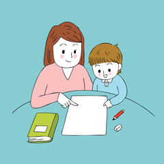 Cartoon cute teacher and smart boy vector.