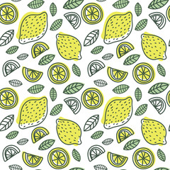 Lemon seamless pattern. Hand drawn fresh tropical citrus fruit. Vector sketch background. Doodle wallpaper. Yellow print