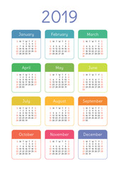 Calendar 2019. Vector template. Colorful English calender. Week starts on Sunday