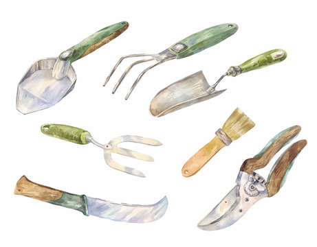 Watercolor icons of gardening instruments