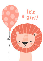 It's a girl. Cute pink lion with a balloon for a girl baby shower invitation, greeting card, birthday party, nursery art poster. 