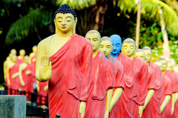 The statue of Buddha, behind which are statues of Buddhist monks. Sri Lanka.
