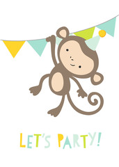 Let's party birthday card. Kids birthday party invitation with monkey in a party hat hanging from a bunting banner. 
