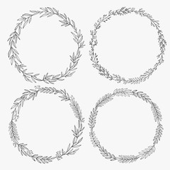 Hand drawn wreaths vector. Romantic floral design element. Floral circle frames made of branches, leaves, twigs. 