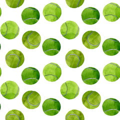 Hand drawn watercolor seamless pattern of colorful tennis balls isolated on white background.