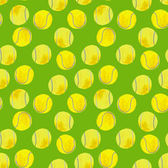 Hand drawn watercolor seamless pattern of colorful tennis balls isolated on color background.