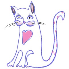 White cute cat with pink heart on the chest and tail in polka dots for posters, prints, kids room, birthday, cards, invitations, valentines, calendars, scrapbooking. Lovely pet for advertising, logos