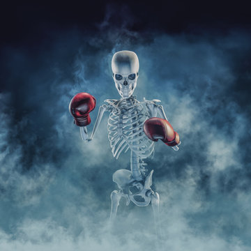 The phantom boxer / 3D illustration of scary fighter skeleton wearing boxing gloves sign emerging through smoke