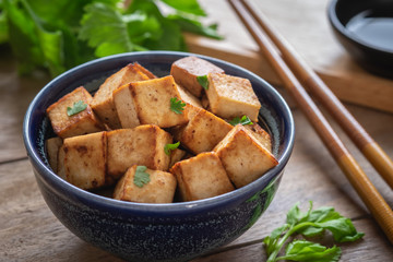Fried tofu in bowl, Vegetarian food