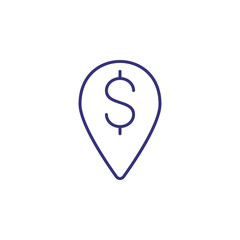 Cash location line icon. Dollar symbol n mark pointer. Business concept. Can be used for topics like finance, banking, navigation
