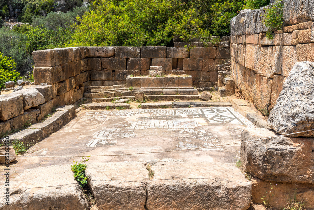 Wall mural remains of an asclepeion temple with mosaics in lissos, an ancient city in south-west crete