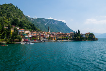 View of Varenna town one of the small beautiful towns on Como lake seen from ferry