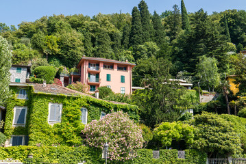 Fototapeta na wymiar Houses Surrounded by greenery in Varenna on Lake Como