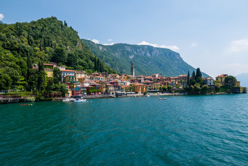 Fototapeta na wymiar View of Varenna town one of the small beautiful towns on Como lake seen from ferry