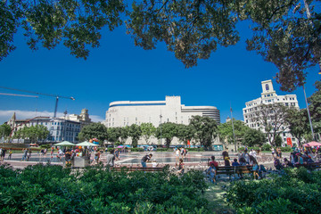 Fototapeta na wymiar Barcelona, Spain, july 25, 2018: Plaza Catalunya, Catalonia Square view. One of the most important turistic places in Barcelona, Spain