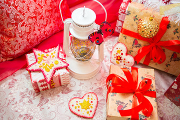 Christmas decorations. Happy New Year. Antique lantern, Christmas balls, gift boxes with ribbons. Christmas holiday. The new year's holiday