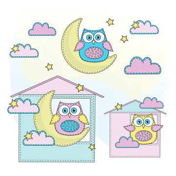 Cartoon Color Vector Illustration Set OWL for Scrapbooking Babybook and Digital Print on Card And Photo Children Album
