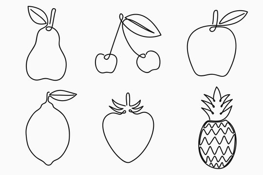 Set of one line drawing fruits. Continuous line fruit - pear, apple, cherry, lemon, strawberry and pineapple. Hand-drawn minimalist illustration, vector.