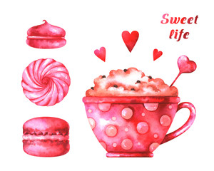 Hand painted illustration with watercolor macaroons, marshmallow, cup with coffee, red hearts and text 