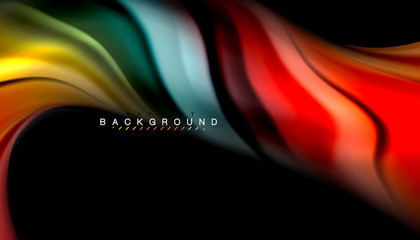 Fluid colors abstract background, twisted liquid design on black, colorful marble or plastic wave texture backdrop, multicolored template for business or technology presentation or web brochure cover