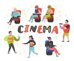 Cartoon People with Popcorn and Soda Watching Movie in the Cinema. Man and Woman Characters in 3d Glasses. Vector illustration